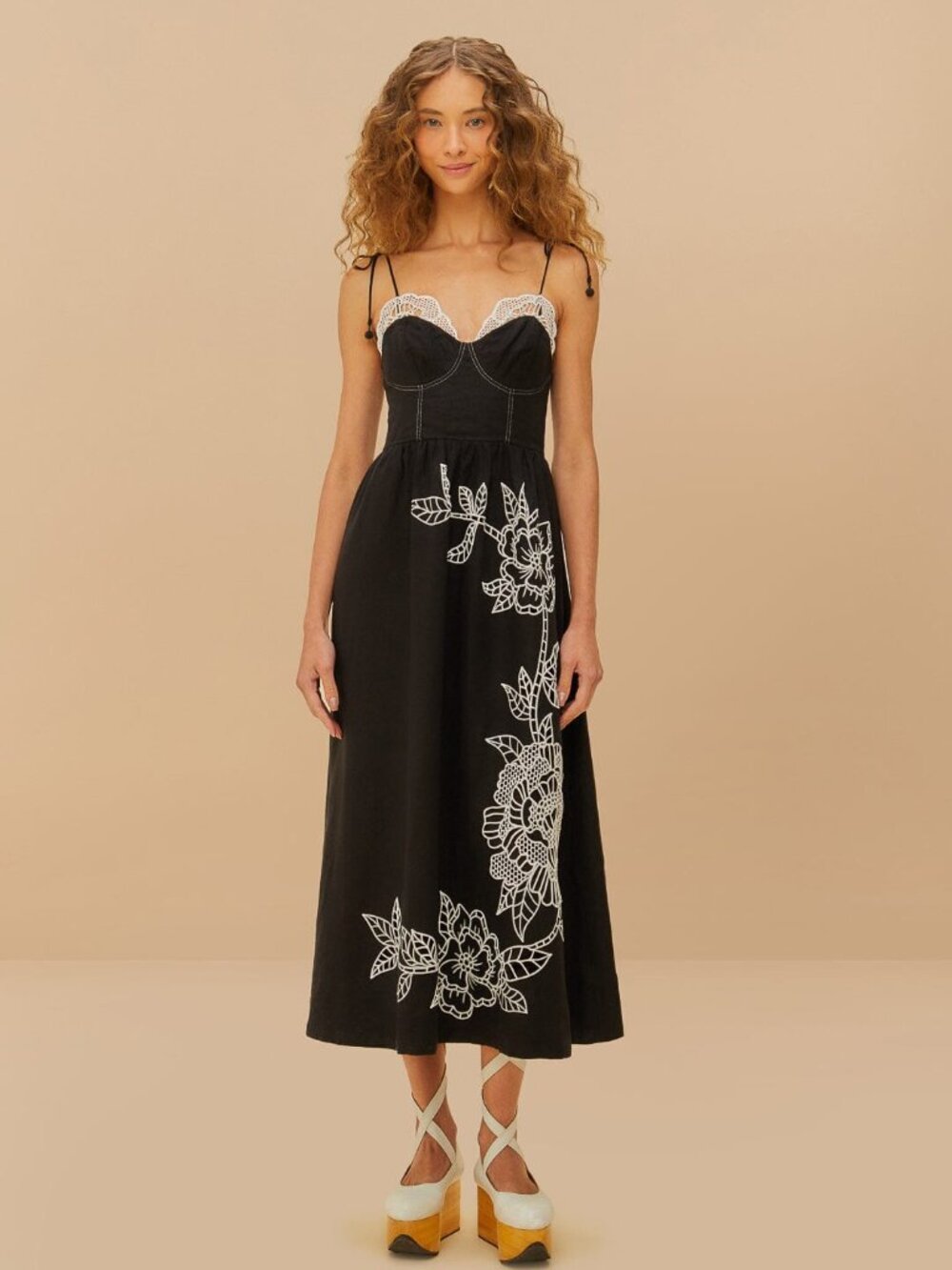 Black Richelieu Lace Euroflax™ Premium Linen Midi Dress - Picture 1 of 8